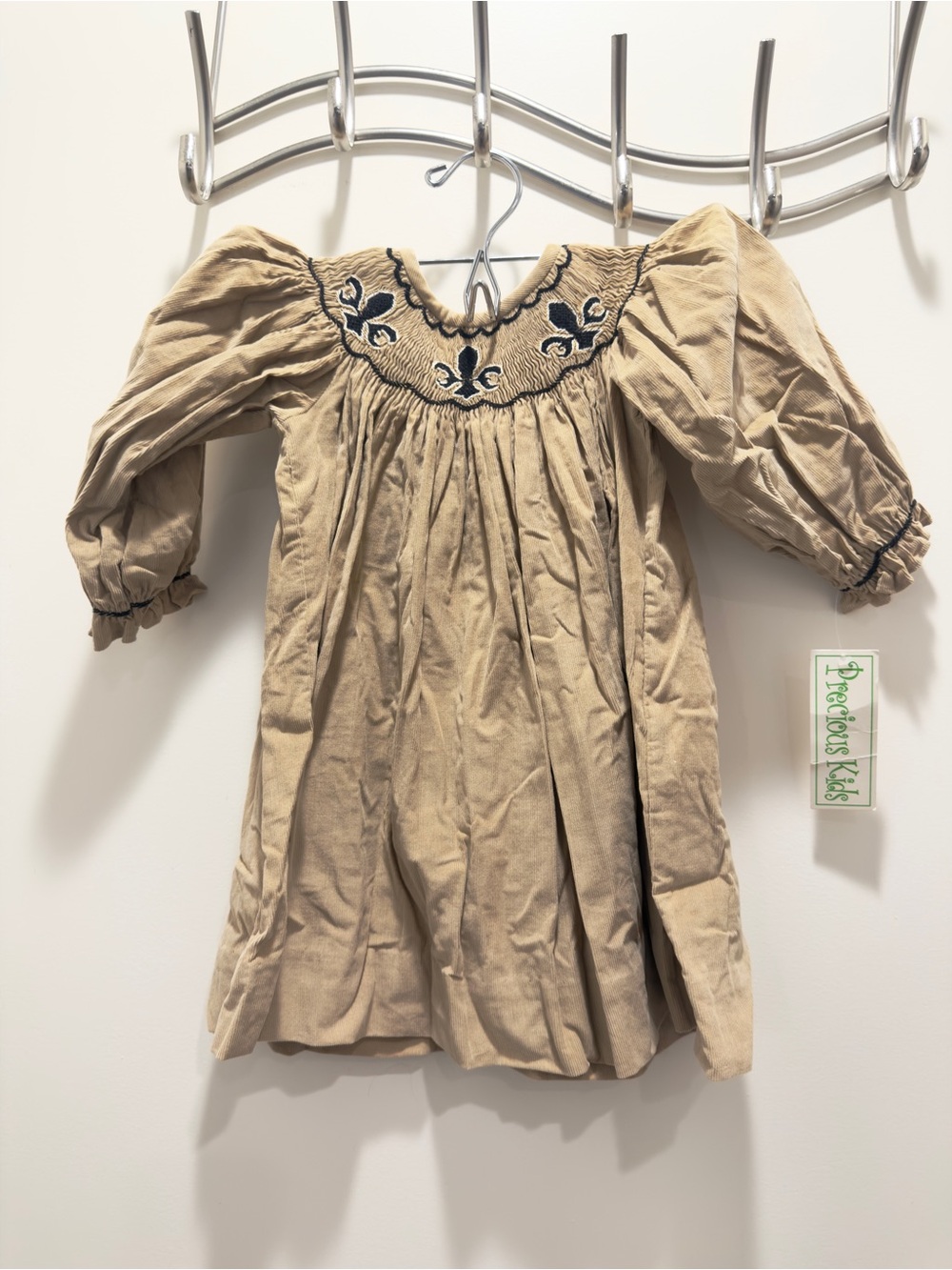 precious kids saints Girls Cream Long-Sleeve Smocked Dress with Navy Embroidery
